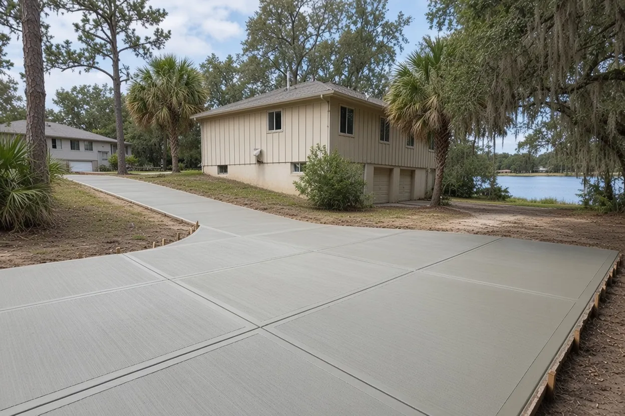 Aerial-style view of a Lakeland neighborhood street with concrete driveways near a lake