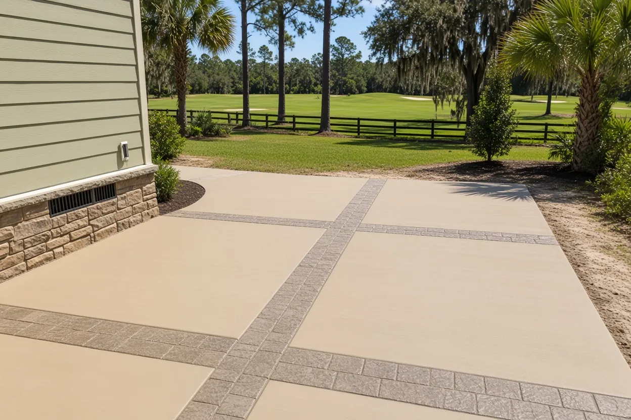 Backyard concrete patio facing a golf fairway in Cleveland Heights, Lakeland