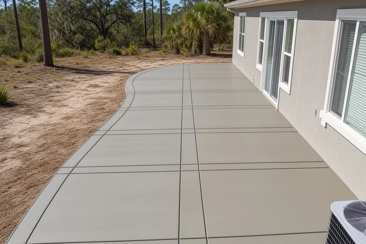 Backyard concrete patio sized for a dining table and grill in Lakeland