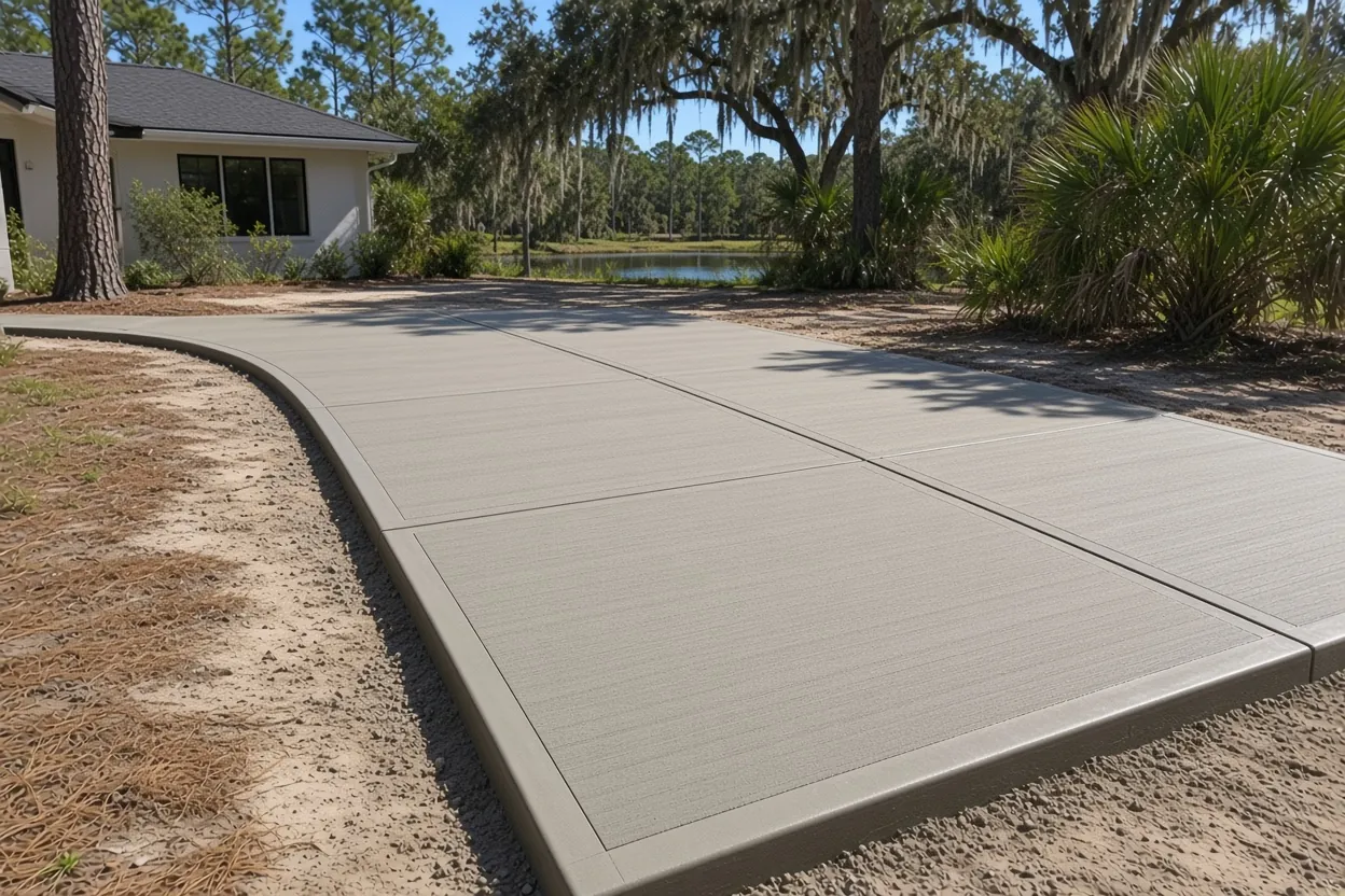 Broom finish concrete driveway at a lakefront home, the kind of job we pour near Lake Somerset in Lakeland