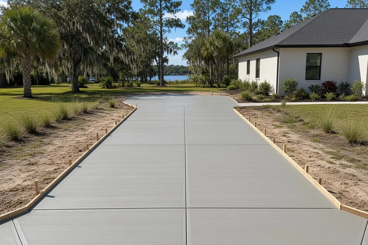 Broom-finish concrete driveway at a shaded home near Lake Hollingsworth in Lakeland, Florida