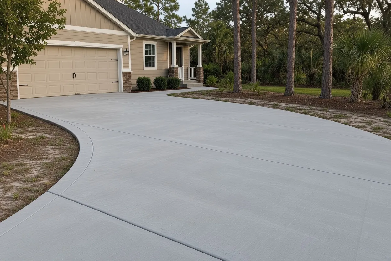 Broom-finish concrete driveway at a single-family home in Oakbridge, Lakeland