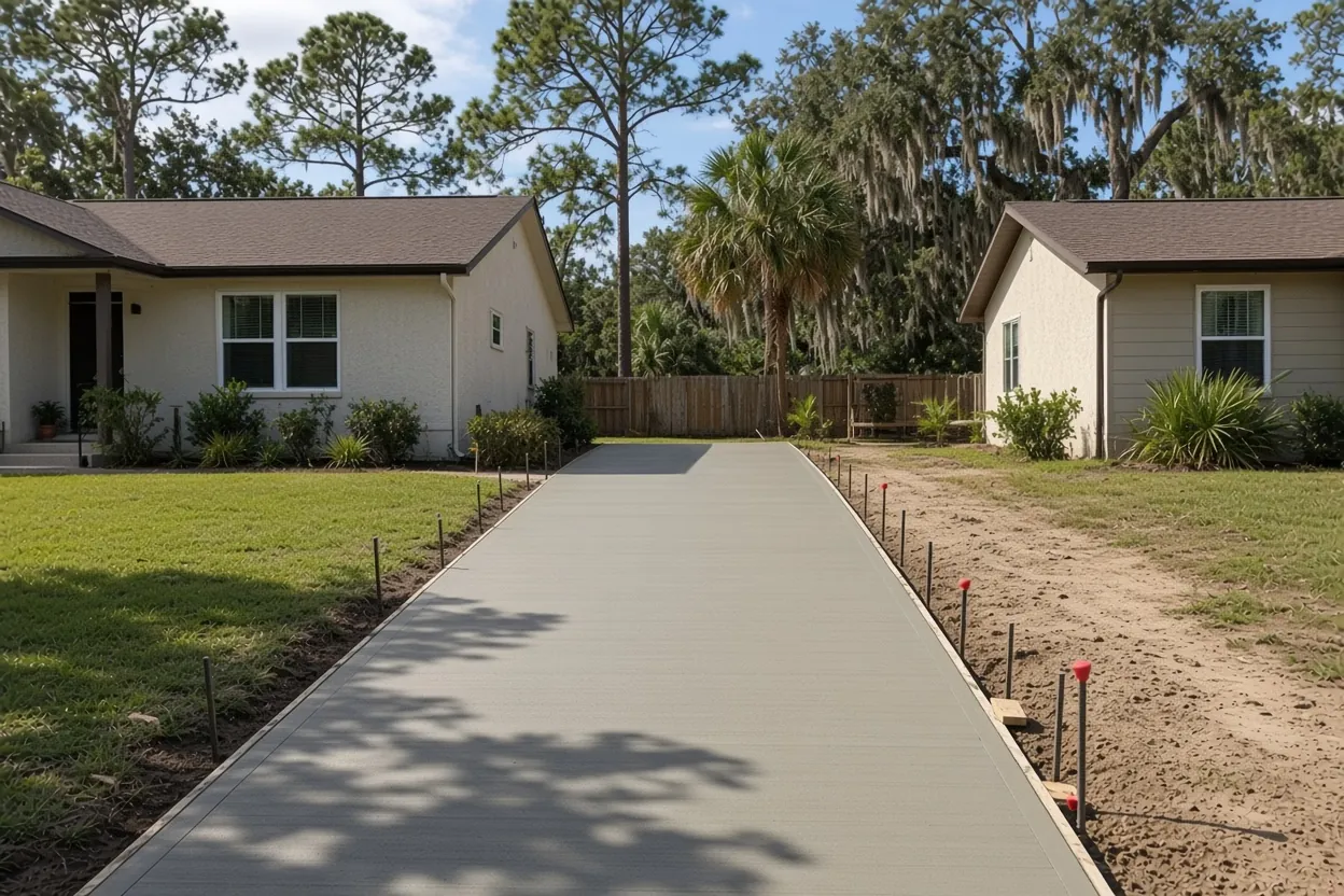Broom-finished concrete driveway at a new single-story Florida home in a Lakeland HOA community