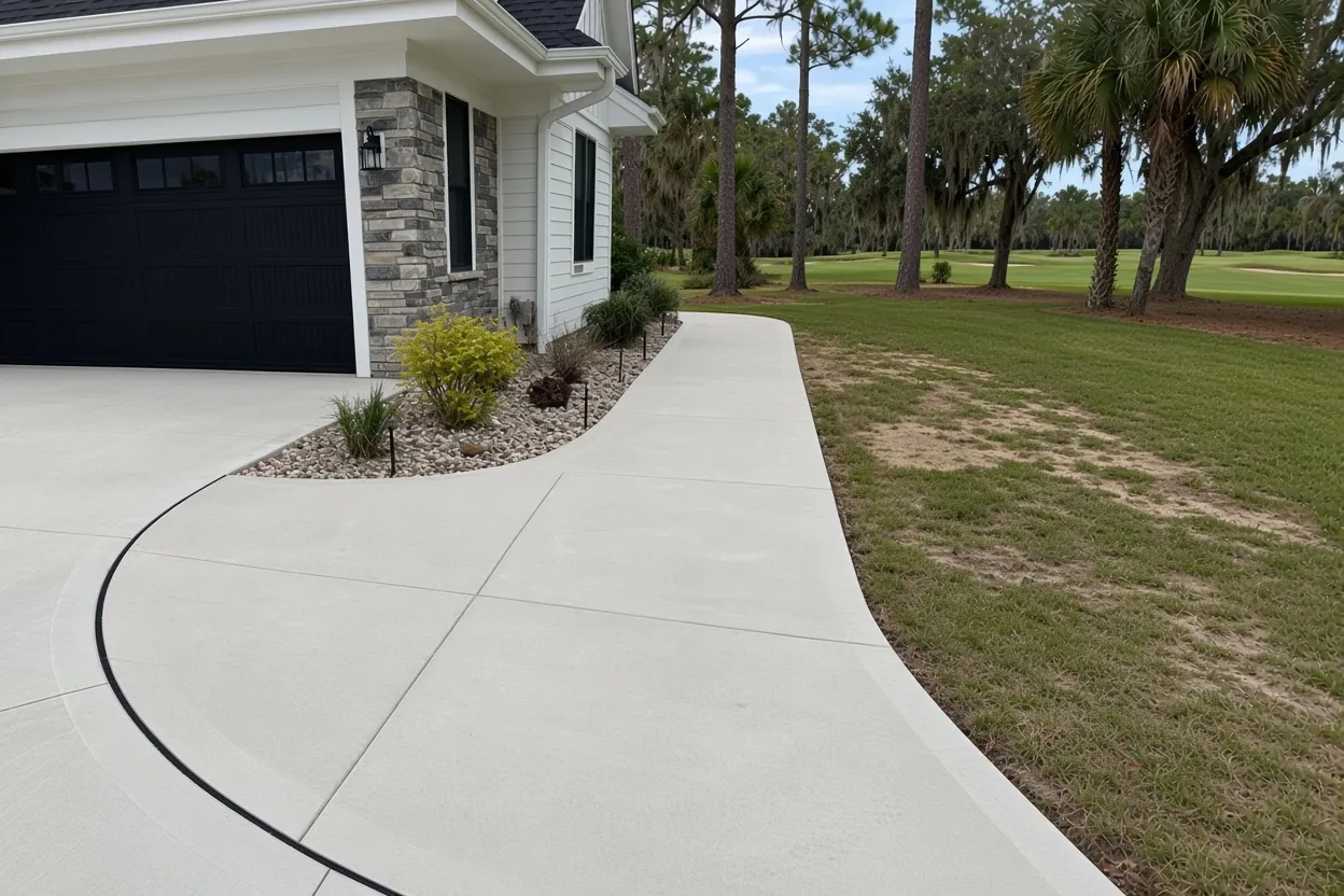 Broom-finished concrete driveway at a single-story home in a Lakeland Florida golf community