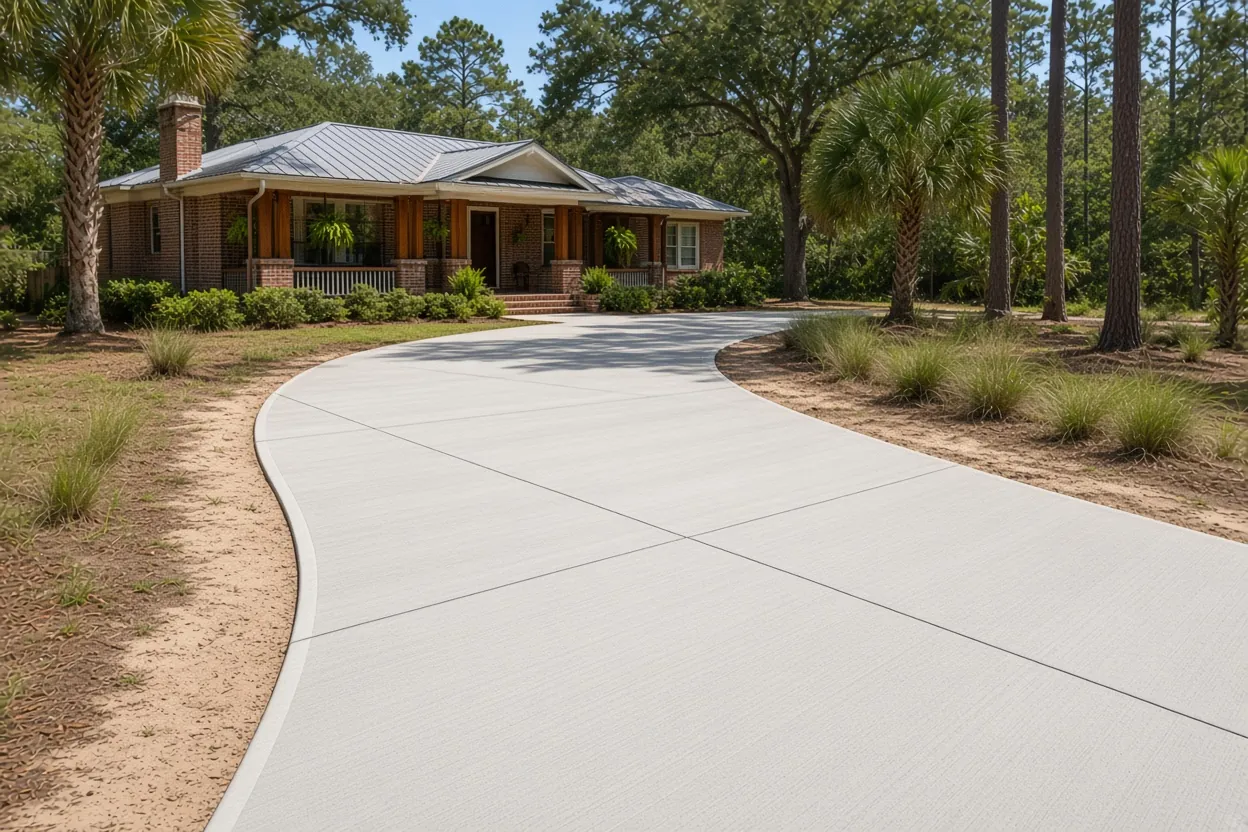 Broom-finished concrete driveway beside a brick bungalow in a Lakeland historic district