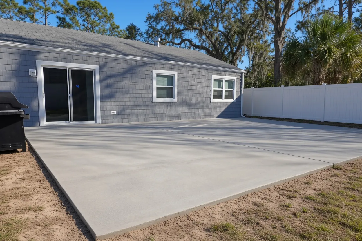 Broom-finished concrete patio behind a gray single-story Lakeland home with a grill and white vinyl fence