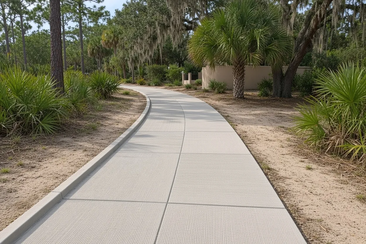 Bungalow porch and short concrete walk on a narrow lot in a historic Lakeland neighborhood