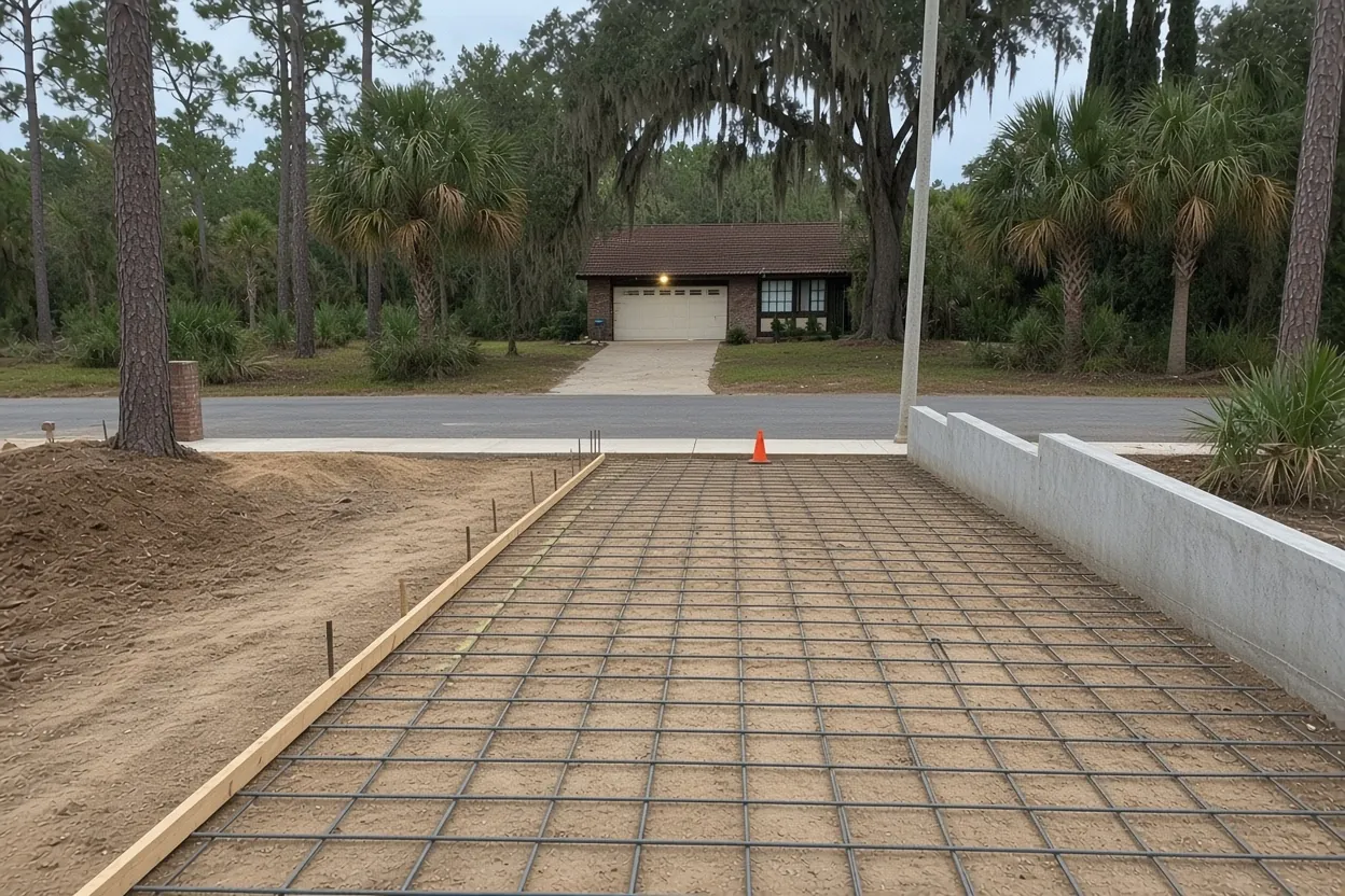 Compacted pale sand base ready for a concrete driveway pour near Lake Somerset