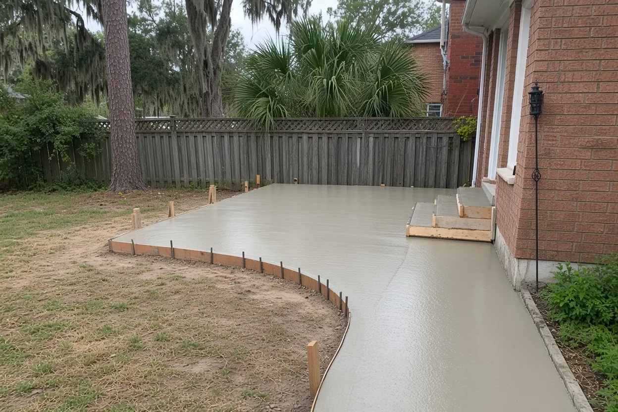 Compacted sand base and wood forms ready for a concrete slab in a Lakeland yard