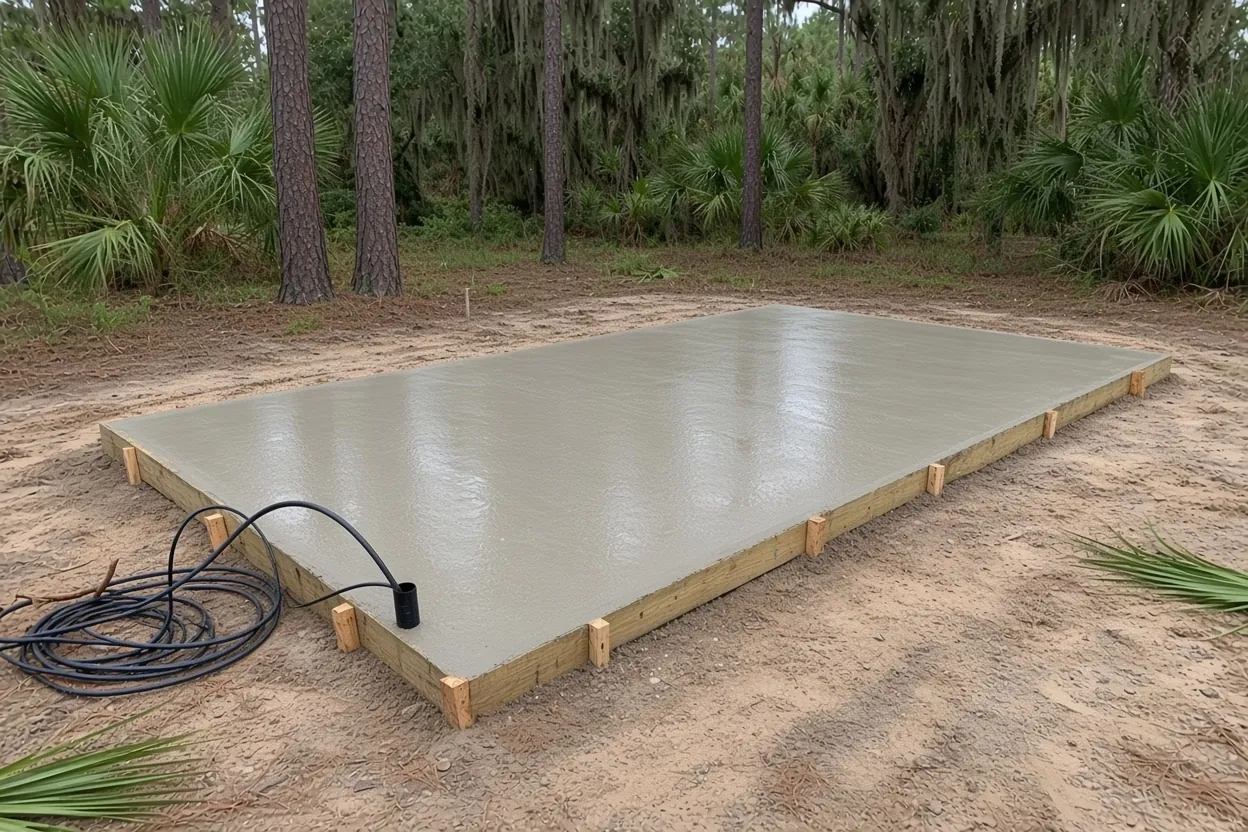 Compacted sand base inside square wood forms for a Lakeland concrete slab