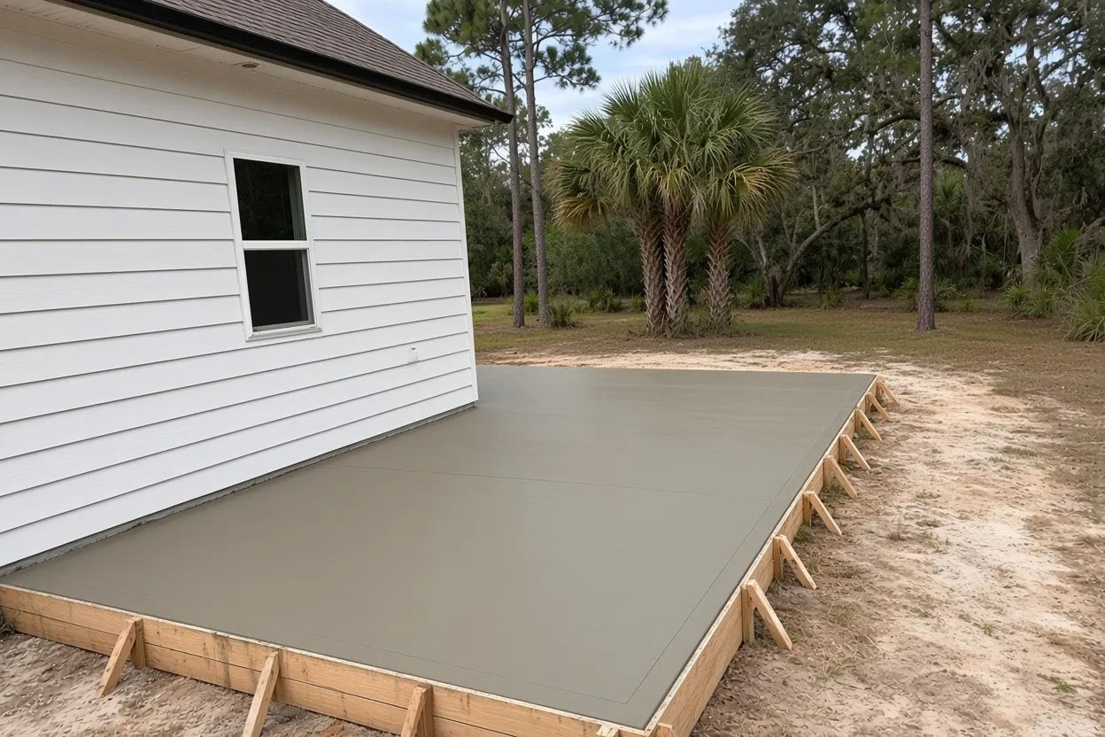 Compacted sand base prepared for a concrete patio in a low Riverstone backyard