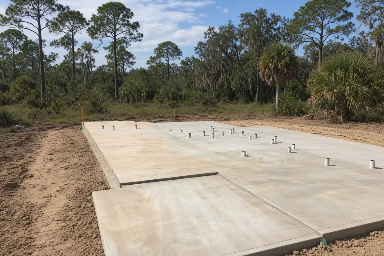 Compacted sandy base inside wooden forms ready for a concrete slab pour in Lakeland