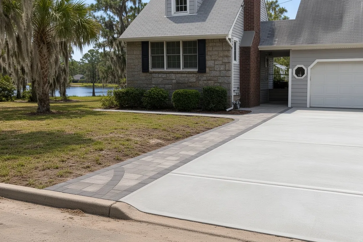 Concrete driveway at a lakeside home near Lake Bentley in Lakeland