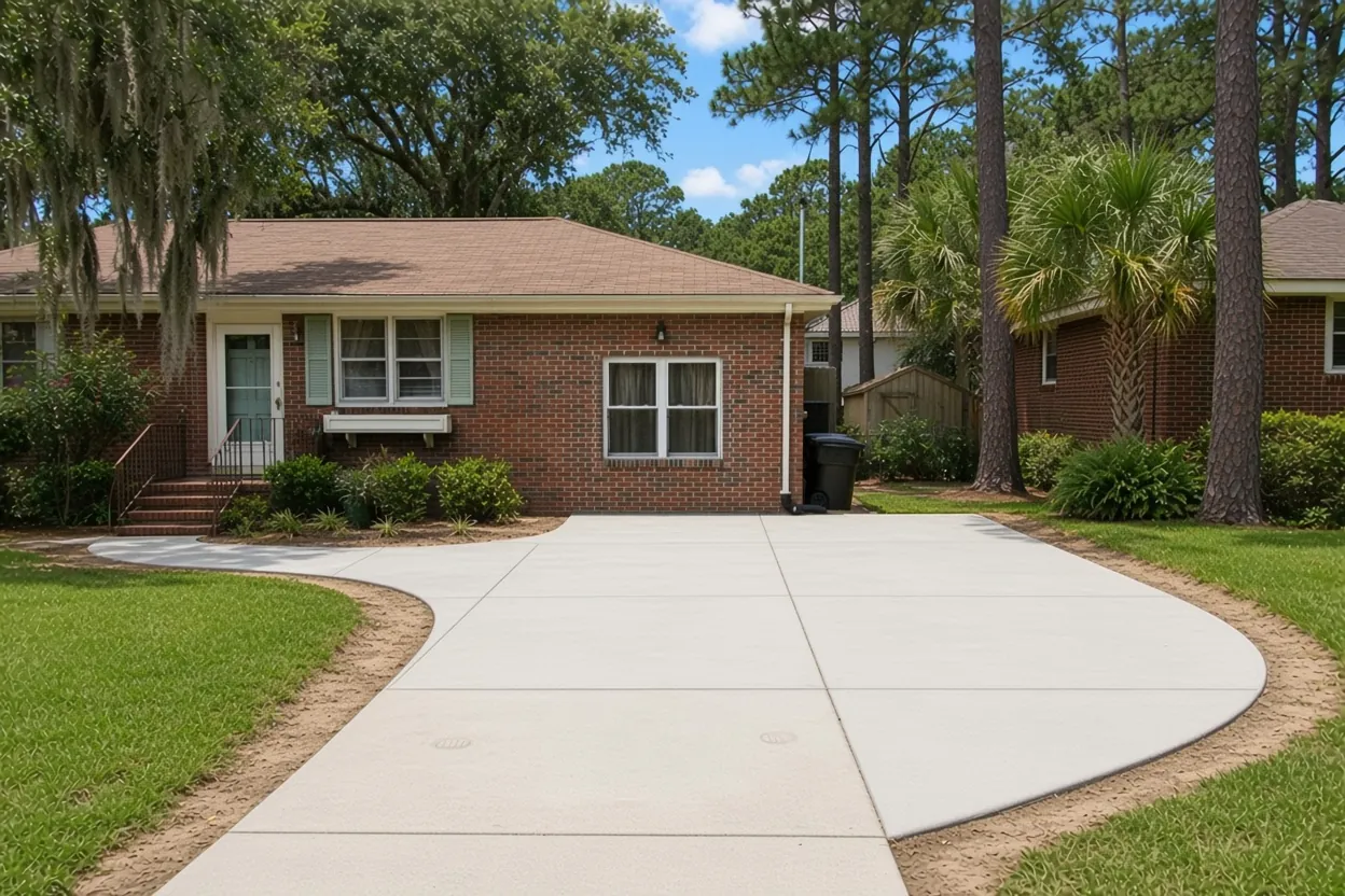 Curved broom-finish concrete driveway in front of a brick single-story home in Historic Beacon Hill, Lakeland