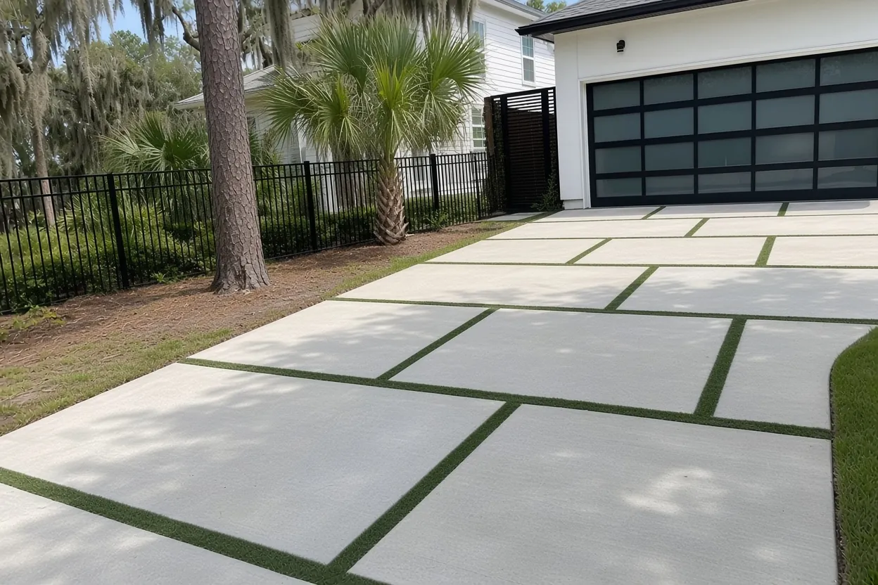 Curving residential street under oak canopy with a concrete apron in Historic Beacon Hill, Lakeland