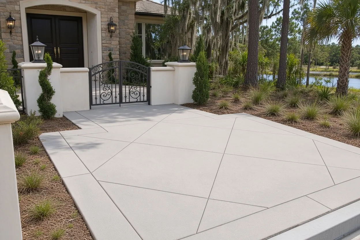 Finished broom-finish concrete driveway at a home near Lake Bonnet in Lakeland, Florida