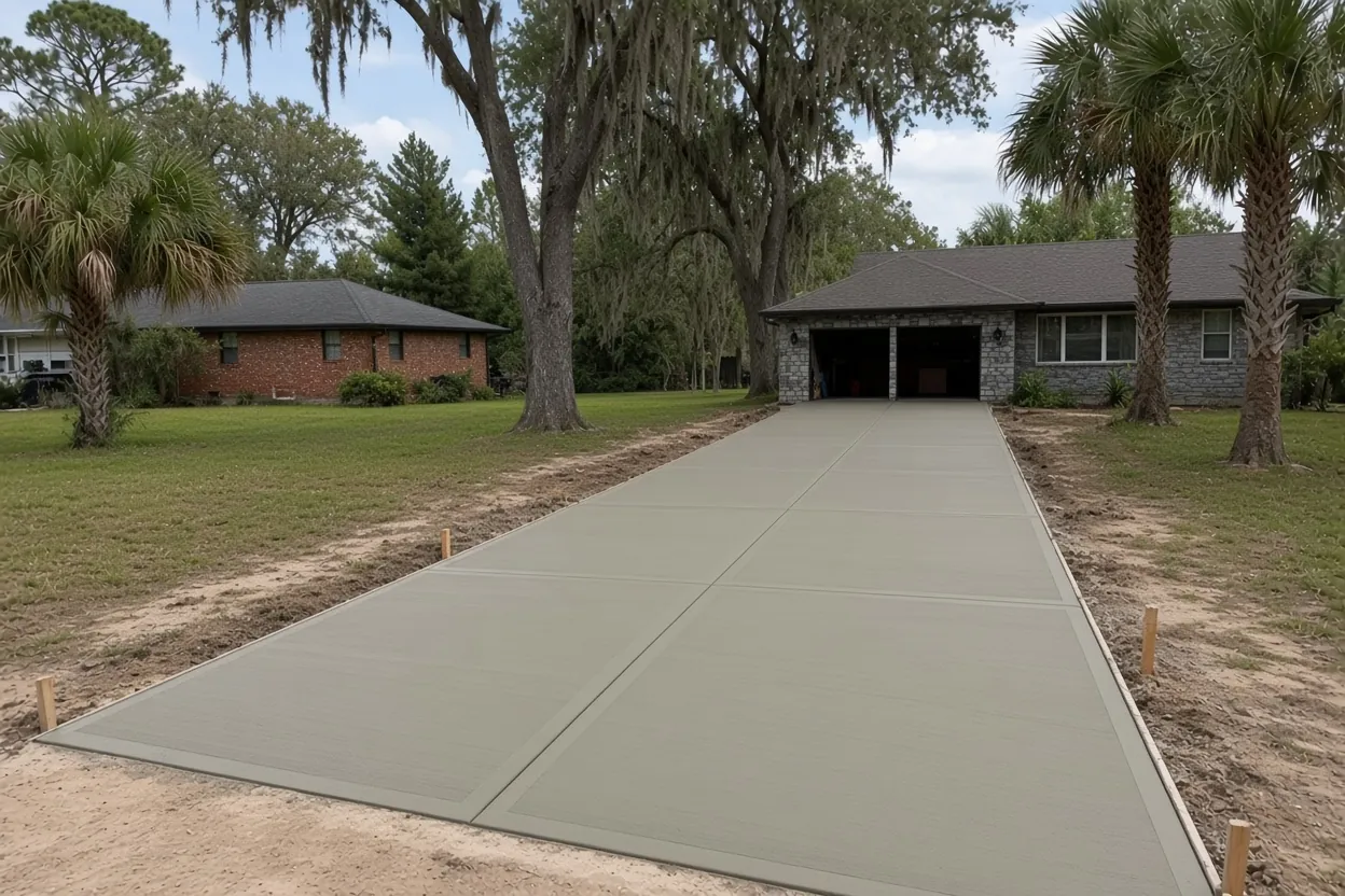 Finished broom-finish concrete driveway in front of a single-story home in Lakeland, Florida