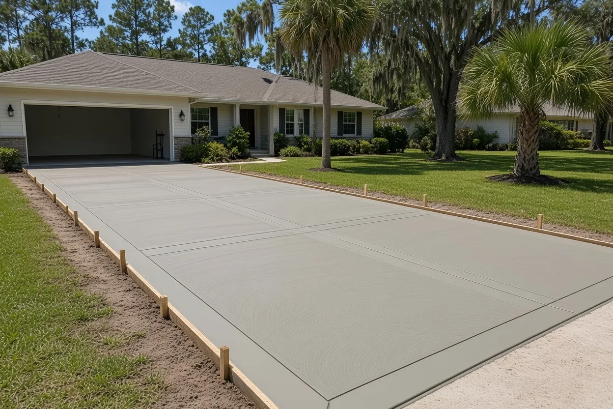 Finished broom-finish concrete driveway leading to a Lakeland home with palms
