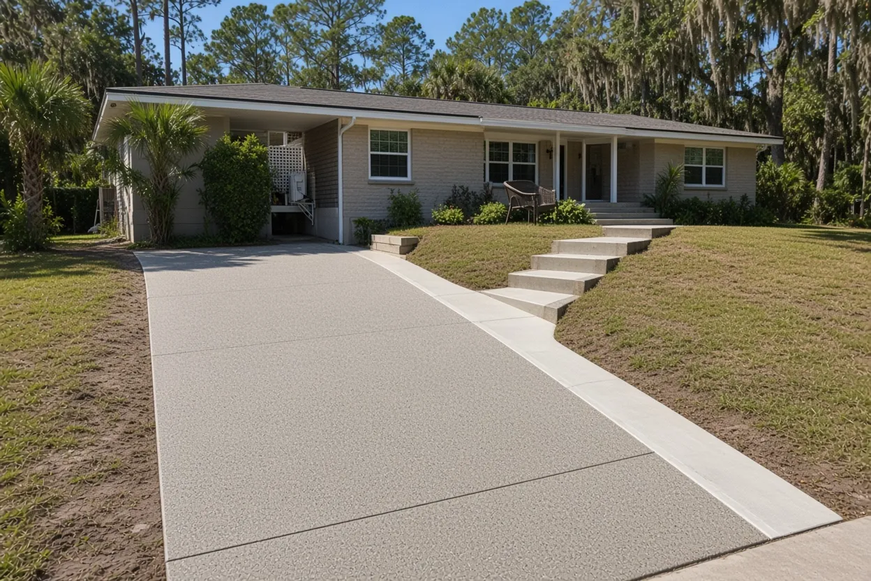 Finished broom-finish concrete driveway leading to a single-story home in Lakeland, Florida