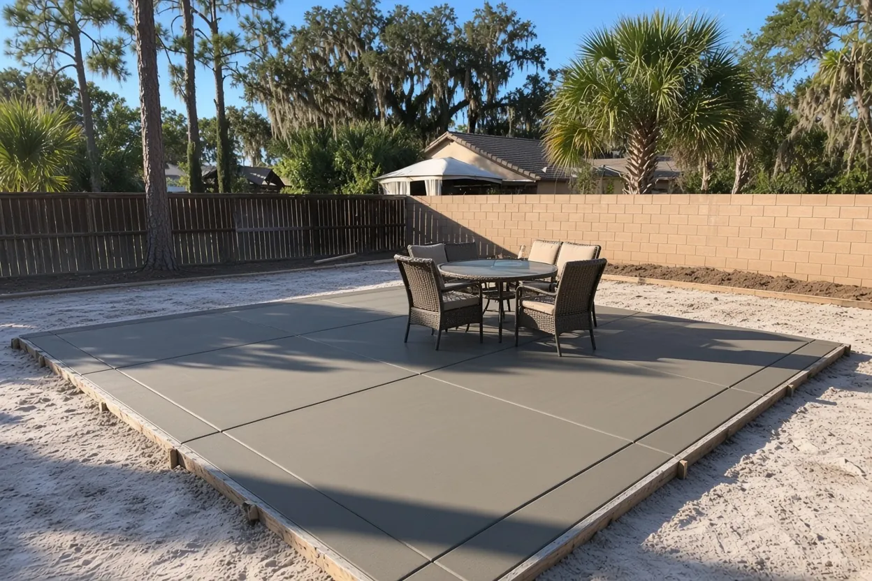 Finished broom-finish concrete patio behind a single-story home in Lakeland, Florida