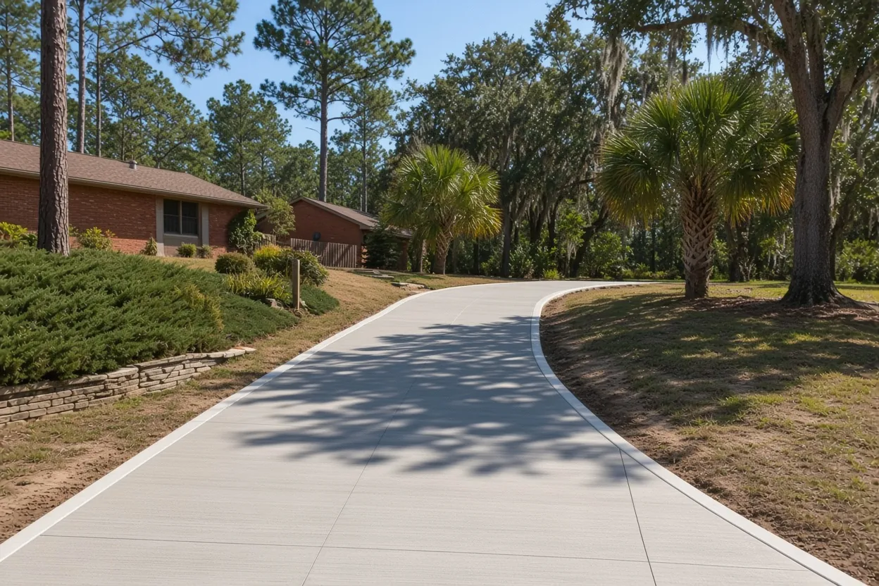 Finished concrete driveway and front walk at a Lakeland, Florida home