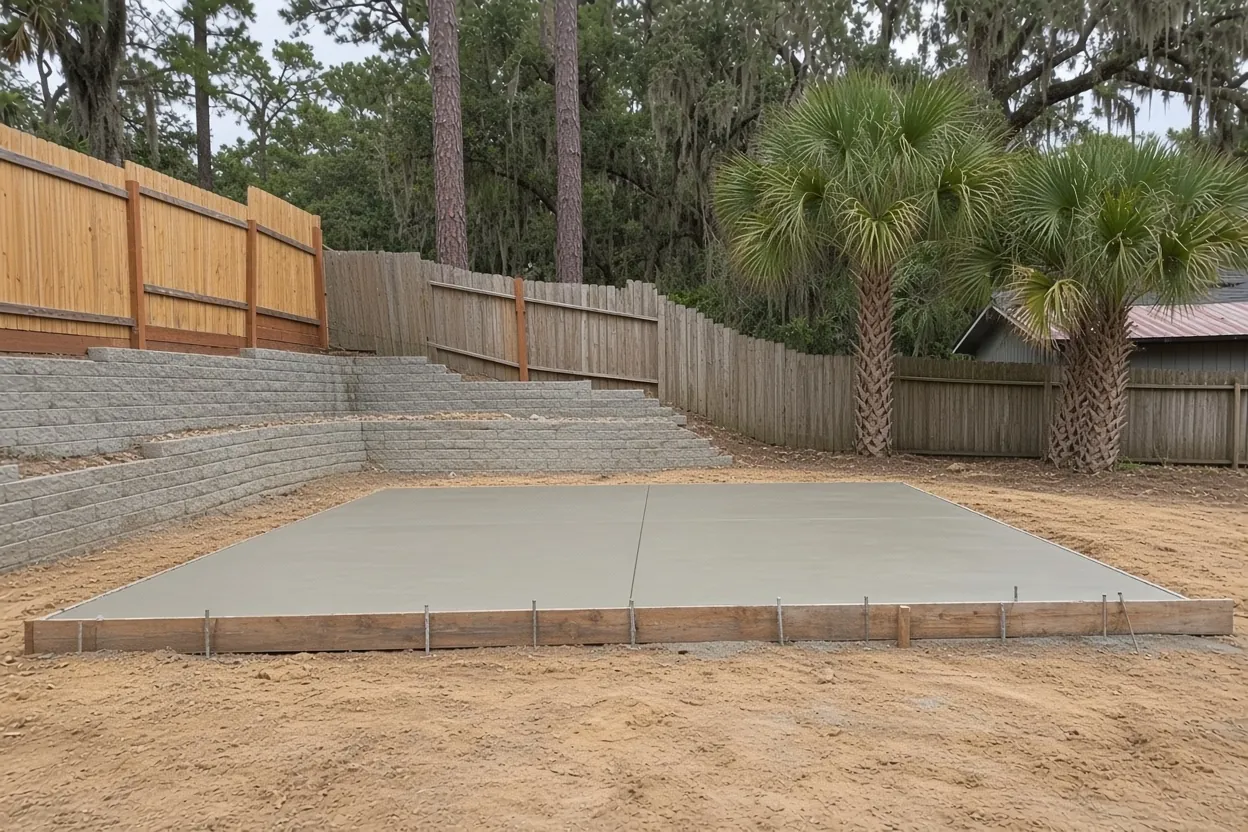 Finished concrete garage slab with anchor bolts beside a Lakeland, Florida home