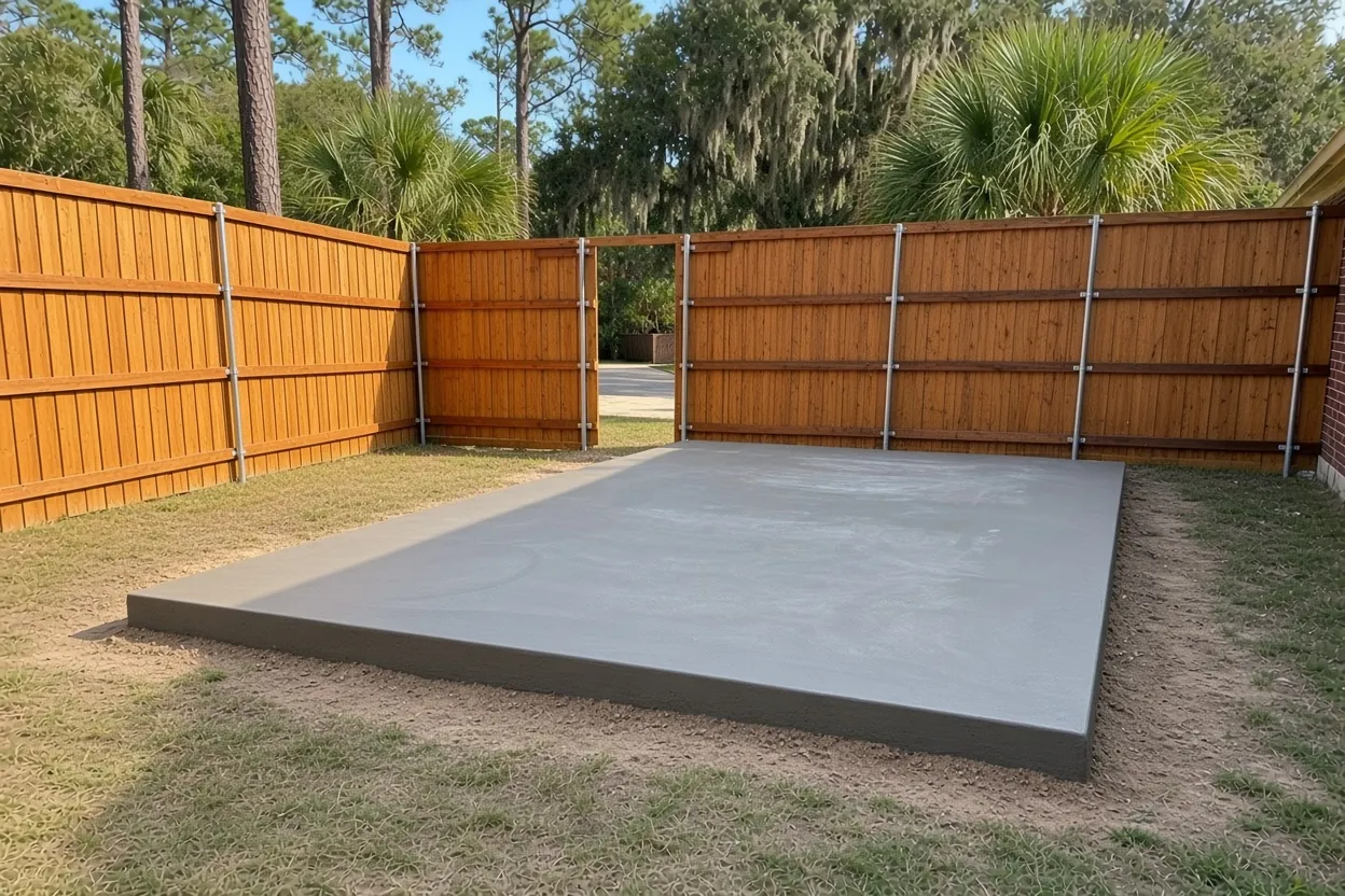 Finished concrete shed pad sized to a prebuilt shed in a Lakeland backyard