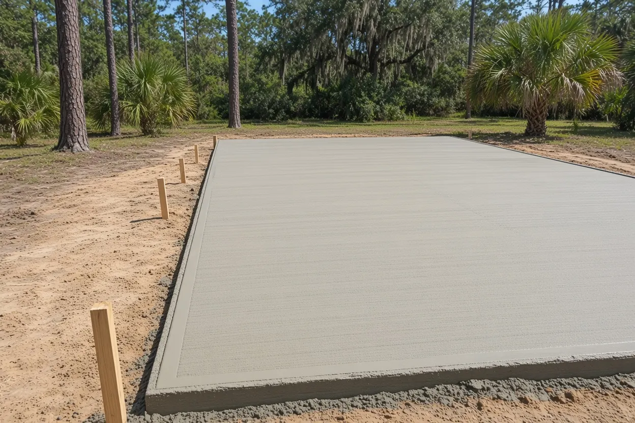 Freshly finished concrete shed slab with square forms on sandy Lakeland, Florida lot