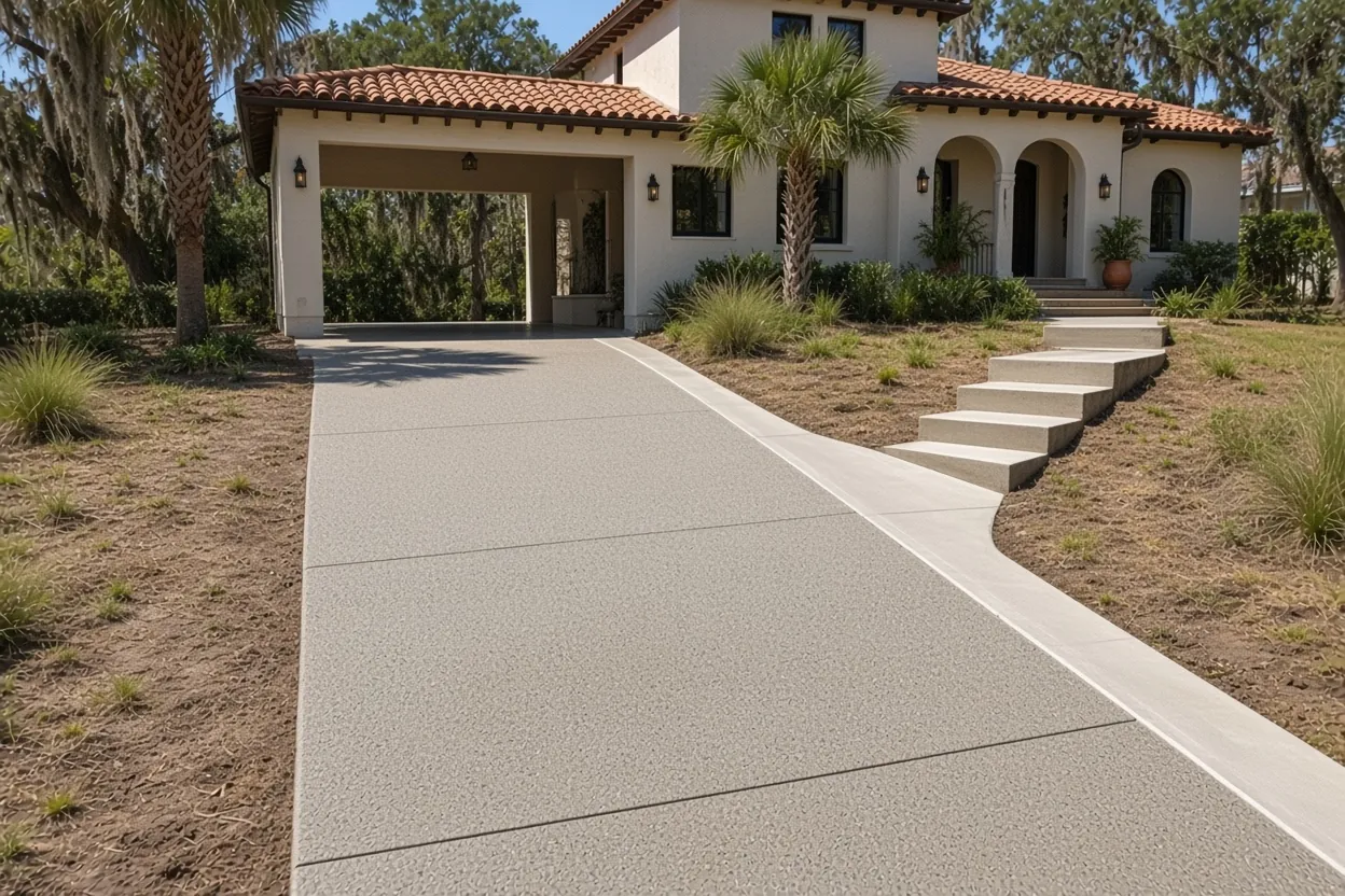 Narrow concrete driveway under a porte cochere at a 1920s house in South Lake Morton, Lakeland