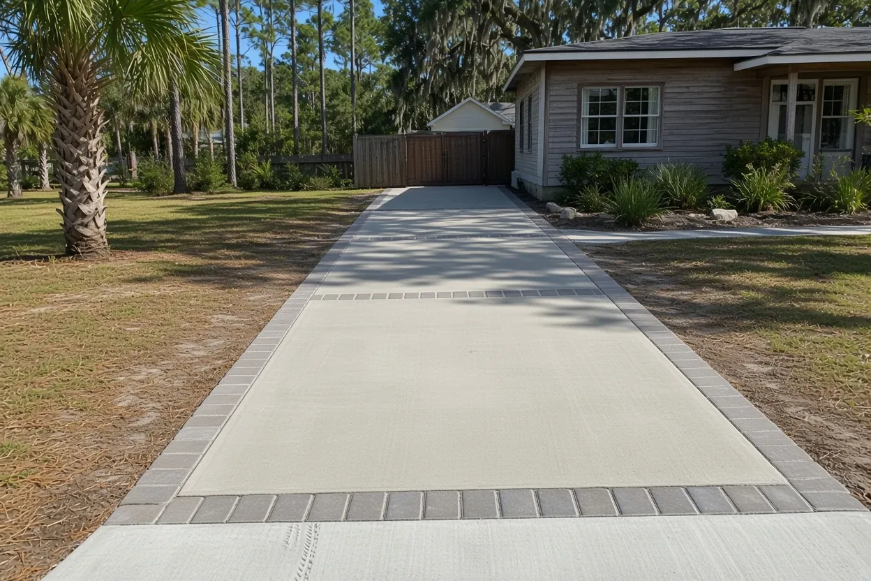 Narrow concrete side driveway beside a 1920s bungalow near Lake Morton in Lakeland, Florida