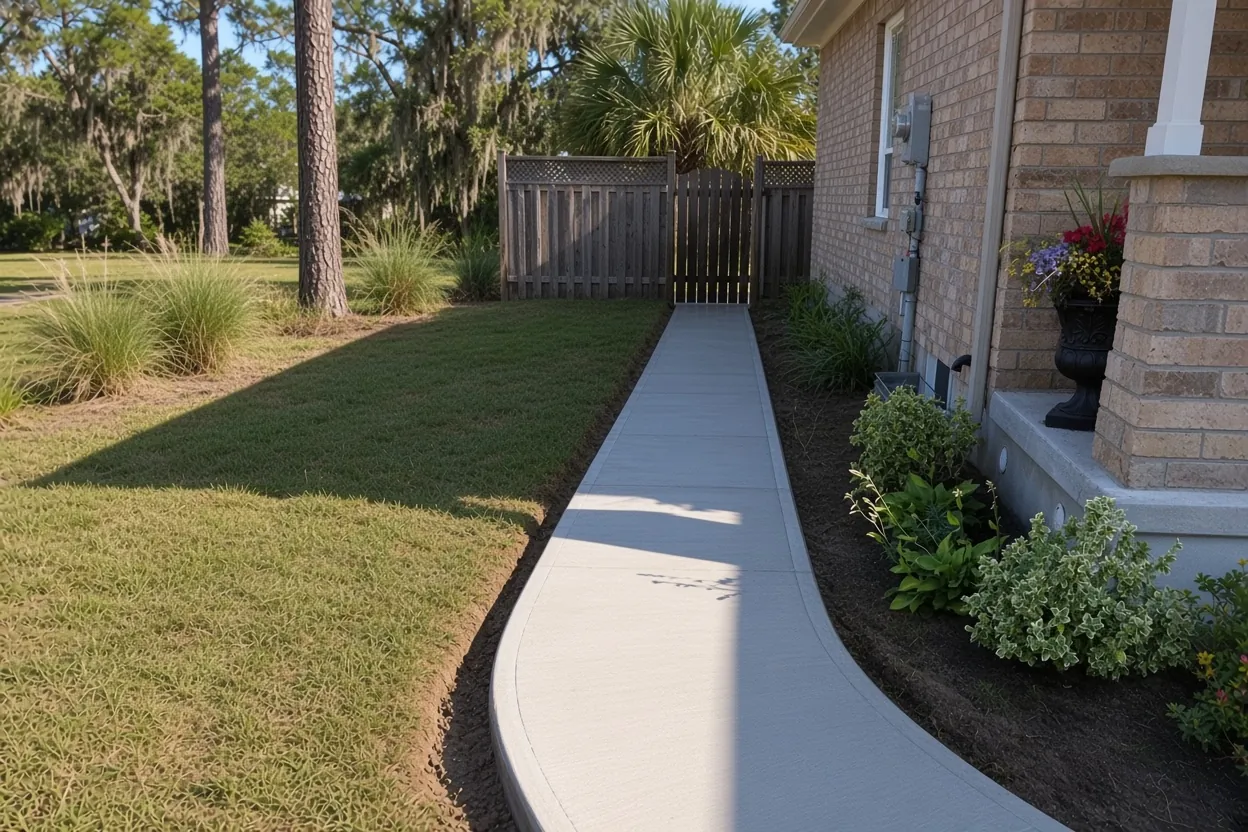 New broom-finish concrete front walkway leading to a Lakeland, Florida house
