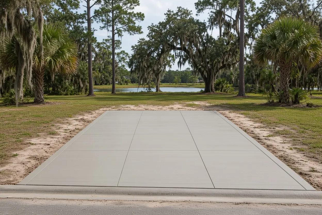 New broom-finish concrete pad at the street edge of a grassy lot with a lake beyond the trees near Lake Bonny in Lakeland