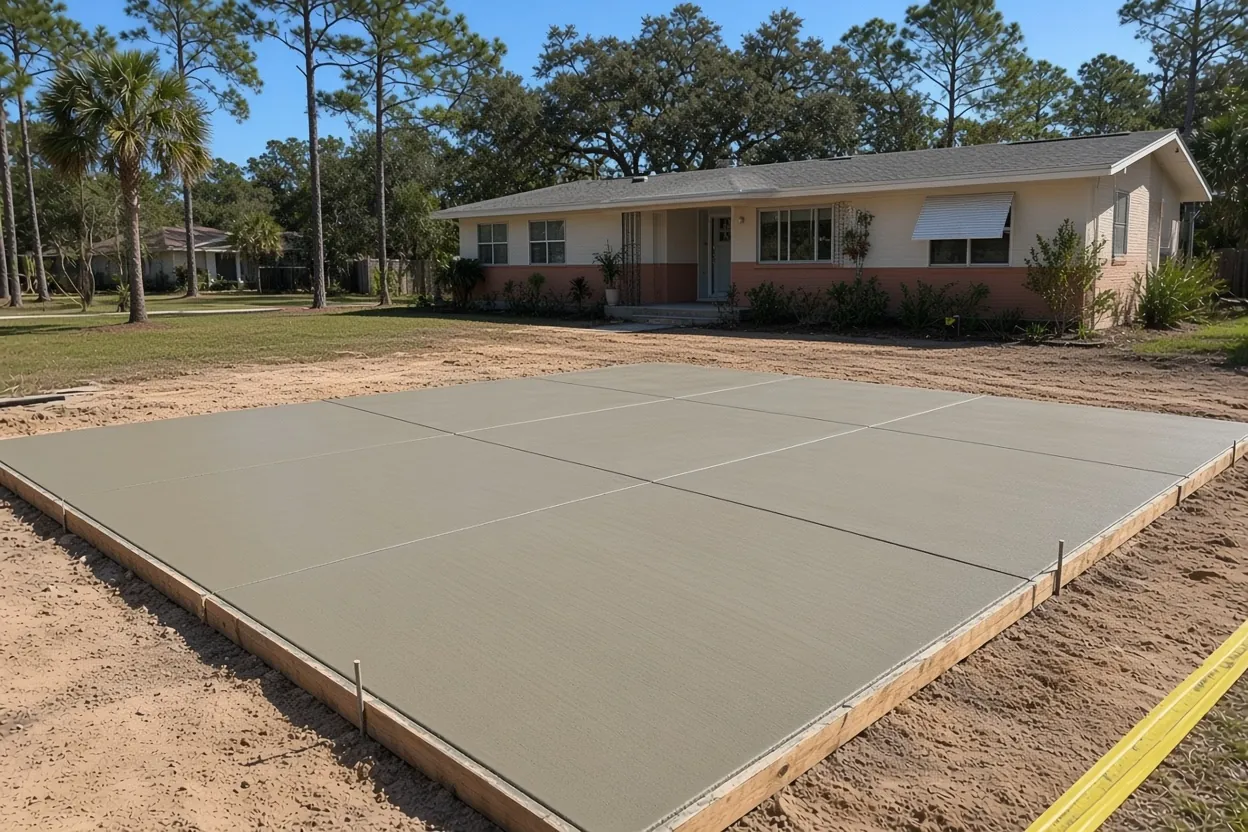New broom-finish concrete slab with wood forms still in place in front of a single-story home in Shore Acres, Lakeland