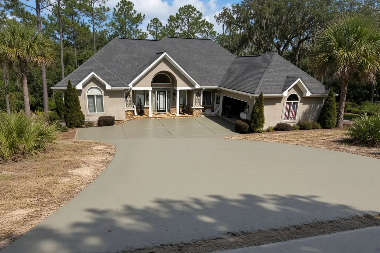 New concrete driveway and apron meeting the street at a single-story home in Lakeland, Florida