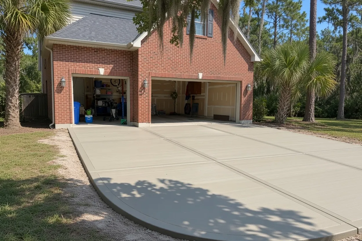 Pickup truck and boat trailer parking area on a wide concrete driveway in Lakeland
