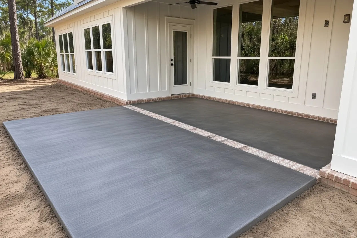 Rear concrete patio set back from the lot line behind a Lakeland Florida home