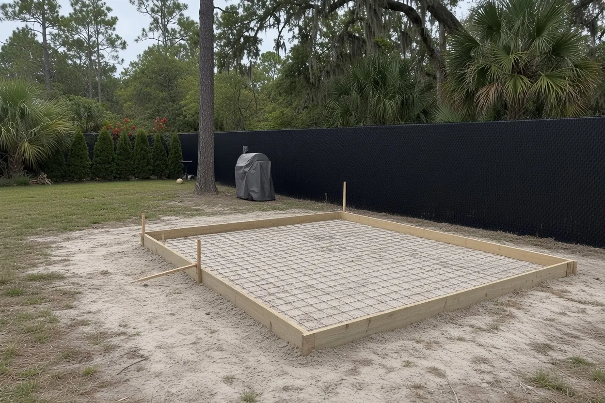 Reinforced concrete slab with mesh laid before the pour for a Lakeland garage