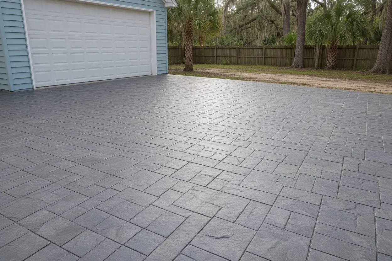 Rough stone pattern stamped concrete step at a lanai door in a Lakeland backyard