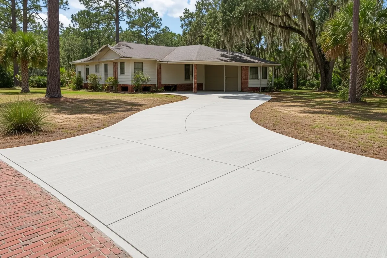 Single-lane concrete driveway beside a 1940s brick-pier house in Historic Lake Hunter Terrace, Lakeland