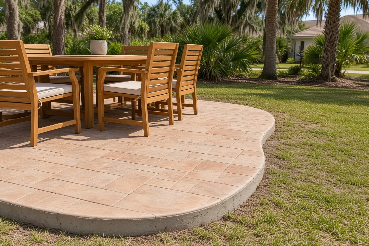 Stamped and colored concrete patio with a stone pattern behind a Lakeland, Florida home