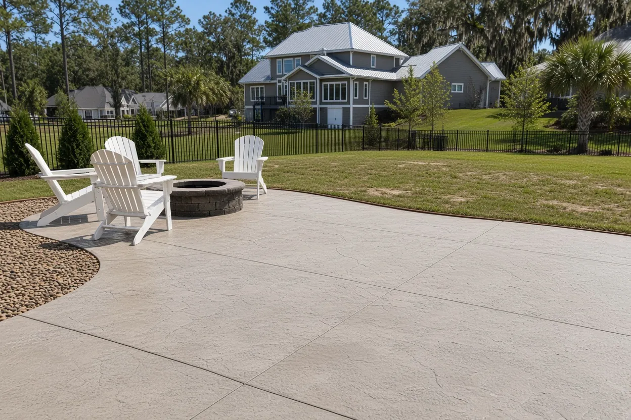 Stamped concrete patio with a slate pattern beside a screened lanai in Lakeland, Florida