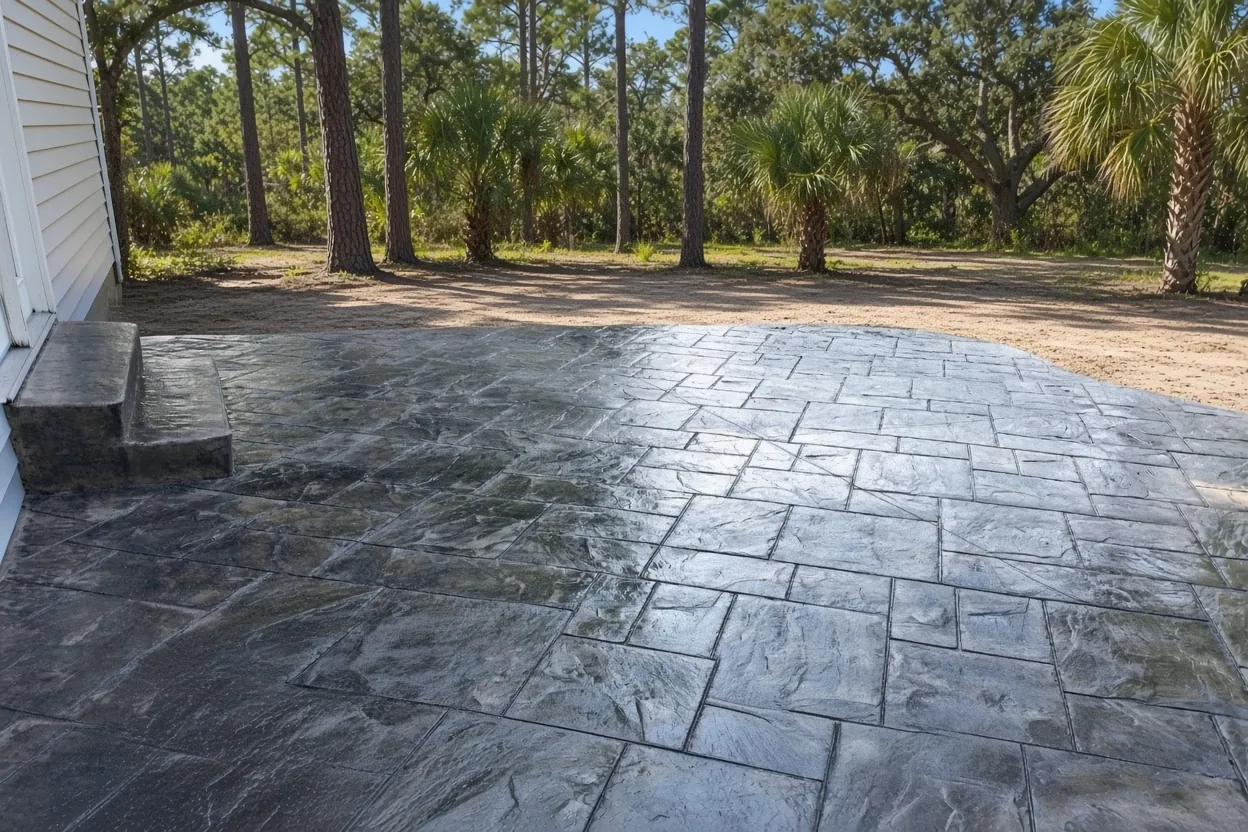 Stamped concrete patio with integral color and release color variation in a Lakeland yard
