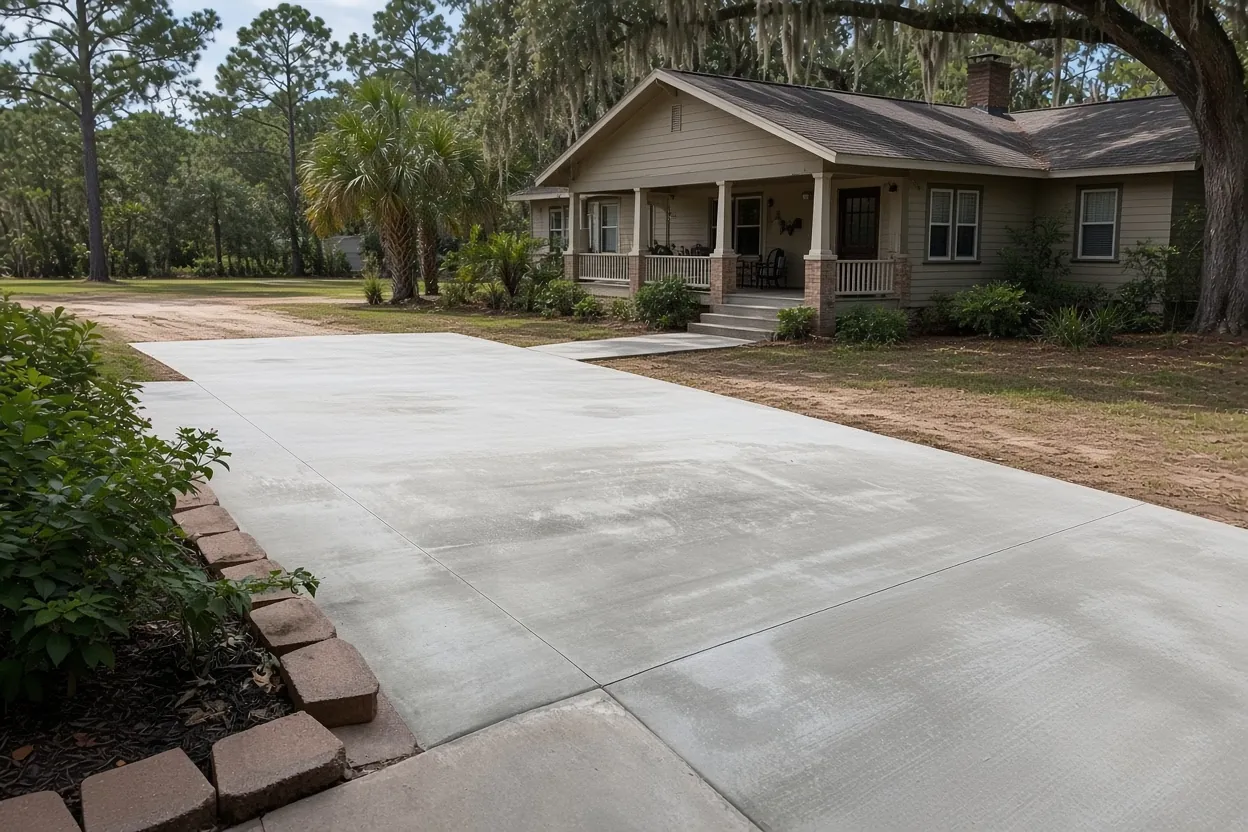 Wide new concrete driveway in front of a Craftsman bungalow with a covered porch in Historic Dixieland, Lakeland